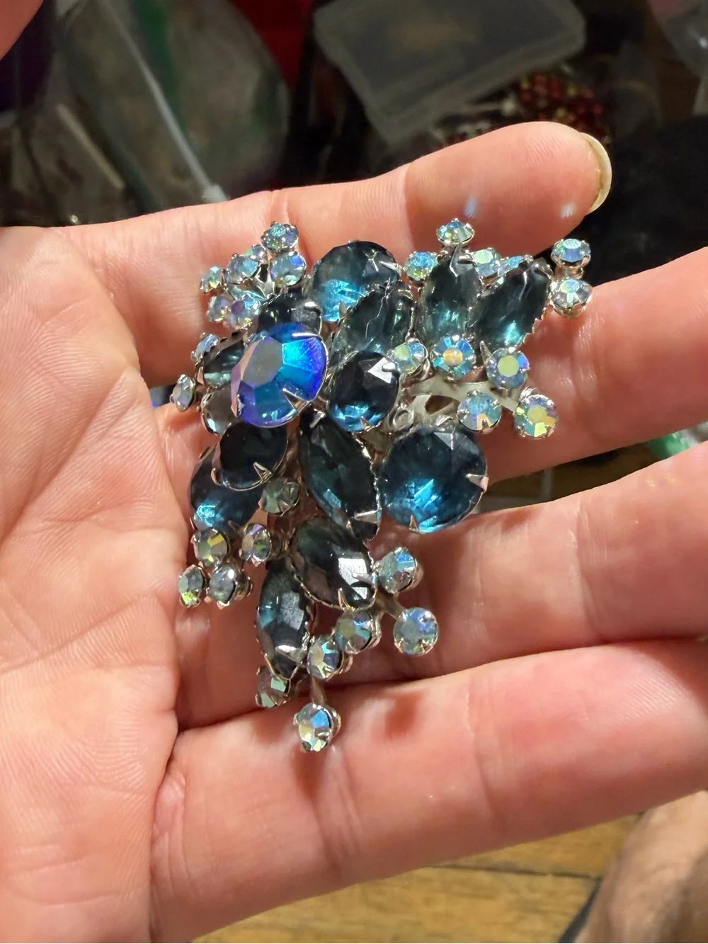 Vintage Silver Tone Flower Blue Navette Aurora Borealis Rhinestone 1930s Brooch